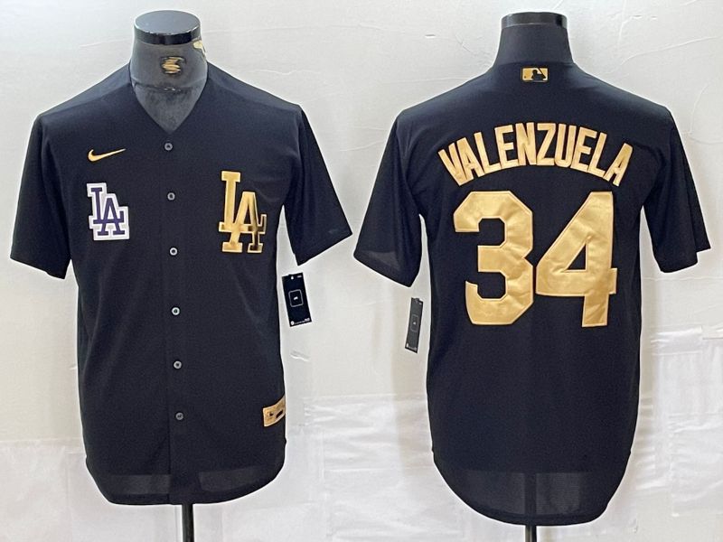 Men Los Angeles Dodgers 34 Valenzuela Black gold 4 th generation Nike 2024 MLB Jersey style 2